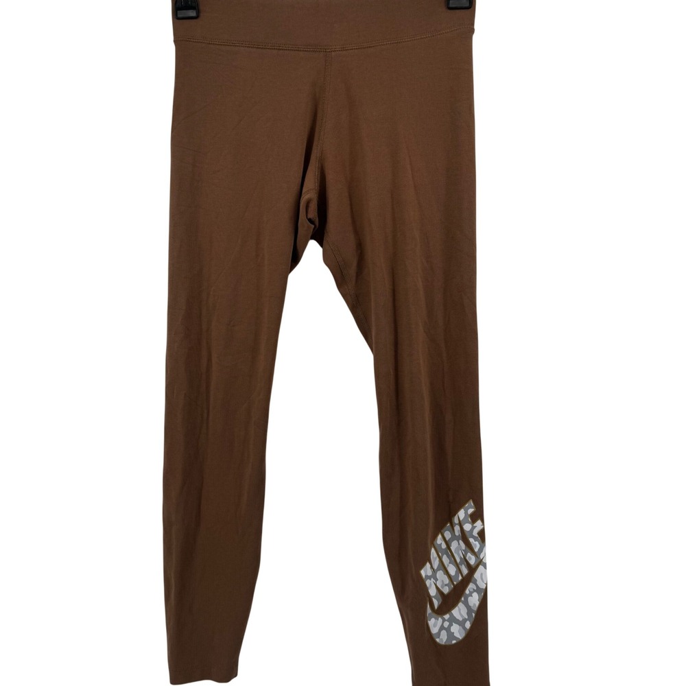 Nike Sportswear Essential Brown Leopard Logo Leggings Women M Activewear Swoosh